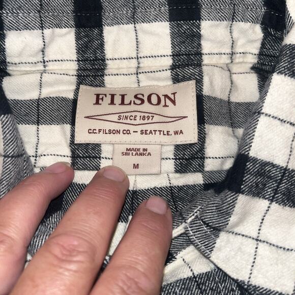 Filson Flannel Button Up Shirt Mens Medium Tan Black Thick - Picture 2 of 5